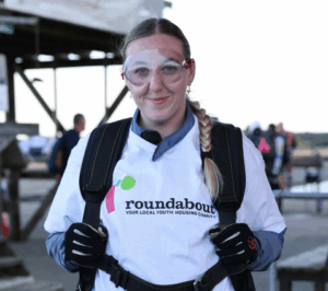 Woman in skydive gear