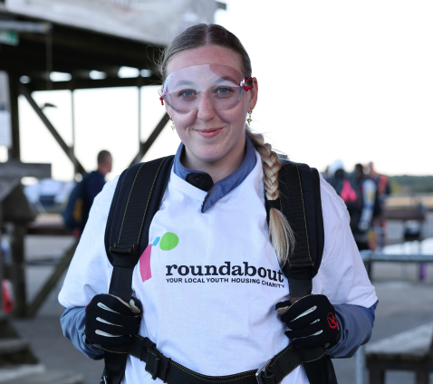 Woman in skydive gear