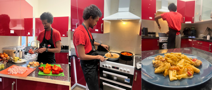 A young person cooking a pasta dish